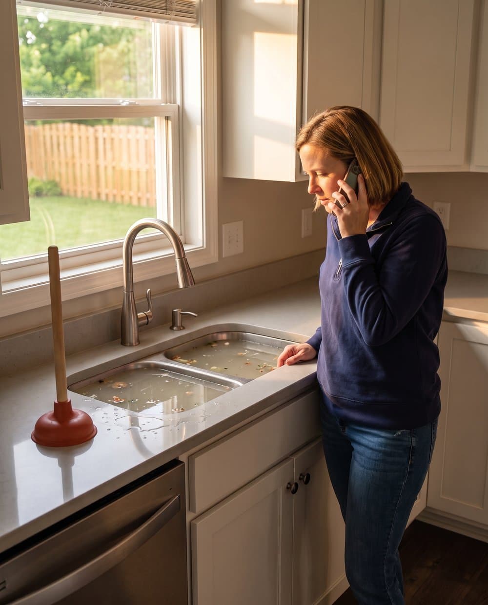 A homeowner on the phone beside a blocked kitchen sink filled to the rim with dirty water